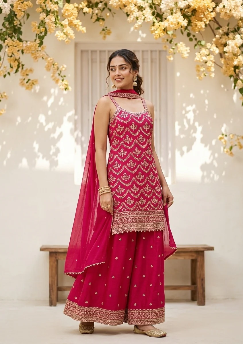 Rani Pink Chinon Gold Zariwork Straight Kurta With Sharara And Dupatta
